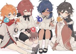  4girls :q absurdres aged_down antenna_hair bandaid bandaid_on_cheek bandaid_on_face black_hair black_shorts blue_eyes blue_hair commentary_request dark-skinned_female dark_skin diluc_(genshin_impact) eyepatch frilled_sleeves frills genderswap_(mtf) genshin_impact hair_between_eyes highres holding kaeya_(genshin_impact) long_hair multicolored_hair multiple_girls orange_eyes orange_hair pinwheel red_eyes red_hair red_scarf rule_63 scarf seelie_(genshin_impact) shirt shorts simple_background sitting slingshot_(weapon) socks streaked_hair tabibitowayo tartaglia_(genshin_impact) tongue tongue_out white_socks wide_sleeves zhongli_(genshin_impact) 