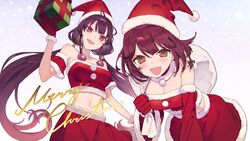  2girls ahoge atelier_(series) atelier_sophie_2 braid breasts brown_eyes choker christmas cleavage detached_sleeves gift gloves hat holding holding_gift holding_sack large_breasts long_hair looking_at_viewer medium_breasts merry_christmas multiple_girls noco_(adamas) official_art purple_hair ramizel_erlenmeyer red_choker red_gloves red_hair red_skirt red_tube_top sack santa_costume santa_gloves santa_hat short_hair side_braid skirt snowing sophie_neuenmuller strapless tube_top very_long_hair 