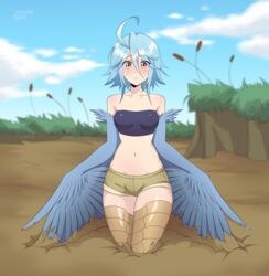  absurd_res ahoge animal_humanoid avian avian_humanoid blue_hair blue_wings blush bottomwear breasts clothed clothing european_mythology eyebrow_through_hair eyebrows eyelashes feathered_wings feathers female grass greek_mythology hair harpy hi_res humanoid looking_at_viewer midriff monster_girl_(genre) monster_musume mud mythological_avian mythological_creature mythology naomi-tyan navel outside papi_(monster_musume) plant quicksand scuted_legs scutes short_hair shorts sinking small_breasts solo stuck topwear translucent translucent_hair tube_top winged_arms wings yellow_eyes 