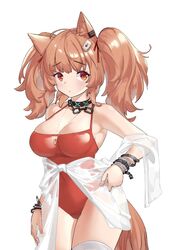  angelina_(arknights) angelina_(summer_flower)_(arknights) animal_ears arknights armpits bad_id bad_pixiv_id bare_shoulders blush bracelet breasts brown_hair casual_one-piece_swimsuit chains cleavage closed_mouth covered_navel cowboy_shot dishui_tangni female hair_ribbon hand_on_own_thigh infection_monitor_(arknights) jewelry large_breasts long_hair looking_at_viewer necklace official_alternate_costume one-piece_swimsuit red_eyes red_one-piece_swimsuit red_ribbon ribbon see-through single_thighhigh solo swimsuit swimsuit_cover-up tail thighhighs twintails white_thighhighs 