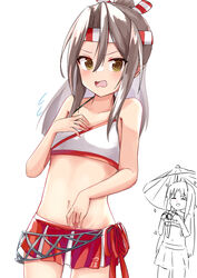  2girls @_@ absurdres adapted_costume ahoge bikini blush brown_hair camera hair_between_eyes high_ponytail highres holding holding_camera kantai_collection long_hair midriff multiple_girls navel open_mouth osmium-76 partially_colored shouhou_(kancolle) simple_background solo_focus swimsuit umbrella white_background white_bikini zuihou_(kancolle) 