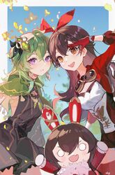  2girls absurdres amber_(100_outrider)_(genshin_impact) amber_(genshin_impact) baron_bunny_(genshin_impact) black_dress breasts capelet chinese_commentary collei_(genshin_impact) commentary_request cowboy_shot dress genshin_impact gloves goggles goggles_around_neck green_capelet green_hair hair_between_eyes hair_ornament highres medium_breasts multiple_girls parted_lips purple_eyes red_gloves short_dress sleeveless sleeveless_dress standing yutou_(yutou75) 