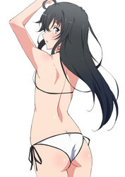  ahoge arms_up ass back bikini black_hair blue_eyes breasts female from_behind highres long_hair looking_back parted_lips shou937 side-tie_bikini_bottom simple_background small_breasts solo swimsuit white_background white_bikini yahari_ore_no_seishun_lovecome_wa_machigatteiru. yukinoshita_yukino 