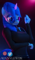  3d_(artwork) anthro blue_nails breasts clothing colored_nails digital_media_(artwork) equid equine fan_character female hasbro hi_res horn jewelry looking_at_viewer lovebrew_(oc) mammal my_little_pony mythological_creature mythological_equine mythology nails necklace purple_eyes rinny solo sweater topwear unicorn 