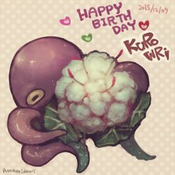  1:1 2015 amamidori ambiguous_gender artist_name blanket_octopus brown_text cauliflower cephalopod digital_media_(artwork) digital_painting_(artwork) dotted_background english_text feral food green_heart green_leaves happy_birthday horizontal_pupils kurouri_(kurowri) low_res marine mollusk pattern_background pink_heart plant pupils purple_body purple_tentacles purple_text red_heart red_text restricted_palette signature simple_background solo tentacle text translation_check vegetable yellow_eyes 