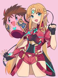  black_gloves blonde_hair blue_eyes brown_hair chest_jewel commentary cosplay crossover earrings english_commentary female gloves highres jewelry kirby kirby_(series) long_hair pointy_ears princess_zelda pyra_(xenoblade) pyra_(xenoblade)_(cosplay) red_shorts rex_(xenoblade) rex_(xenoblade)_(cosplay) shorts sidelocks spiked_hair super_smash_bros. the_legend_of_zelda the_legend_of_zelda:_a_link_between_worlds triforce triforce_earrings very_long_hair xenoblade_chronicles_(series) xenoblade_chronicles_2 yasaikakiage 