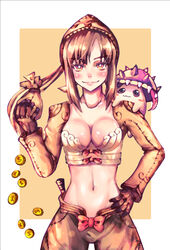  :3 bag bandana blush bow bow_bra bra breasts brown_eyes brown_gloves brown_hair brown_headwear brown_jacket cleavage closed_mouth coin commentary_request cowboy_shot creature creature_on_shoulder female gloves hand_on_own_hip highres holding holding_bag jacket long_hair long_sleeves looking_at_viewer medium_breasts midriff money_bag nanaya_(shohei77) navel on_shoulder ponytail ragnarok_online red_bow shrug_(clothing) simple_background smile spore_(ragnarok_online) thief_(ragnarok_online) two-tone_background underwear white_background white_bra yellow_background 