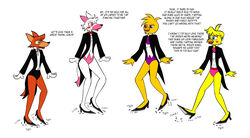  anthro avian bare_legs bird black_tie_(suit) canid canine chica_(fnaf) chicken clothing dance_shoes dancewear dancing dialogue english_text female female/female five_nights_at_freddy&#039;s five_nights_at_freddy&#039;s_2 footwear fox foxy_(fnaf) galliform gallus_(genus) group hi_res high_heels hykez87 mammal mangle_(fnaf) mtf_crossgender phasianid rule_63 scottgames shoes suit tap_dancing tap_shoes text toy_chica_(fnaf) 