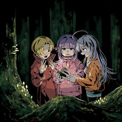  3girls absurdres ahoge blonde_hair braid coat commentary_request dark forest glowing grey_hair hair_flaps hair_intakes hair_ornament hair_over_one_eye hair_ribbon hands_up high_collar highres holding_jar hoshi_syoko idolmaster idolmaster_cinderella_girls jacket jar kanauo_(tansui_kanauo) kawaii_boku_to_142&#039;s_(idolmaster) koshimizu_sachiko light_purple_hair long_hair long_sleeves medium_hair moss multiple_girls multiple_sources mushroom nature open_mouth orange_sweater outdoors parted_lips pink_jacket pink_ribbon profile red_coat ribbon shirasaka_koume short_hair side_braid sidelocks smile standing sweater tree tress_ribbon x_hair_ornament 