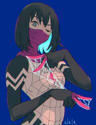  animification black_bodysuit black_hair blue_background blue_eyes bodysuit cindy_moon female highres looking_at_viewer marvel mask mouth_mask multicolored_bodysuit multicolored_clothes one_eye_closed short_hair silk silk_(marvel) spider-man_(series) spider_web standing sushi_pizza_rrr upper_body white_bodysuit 