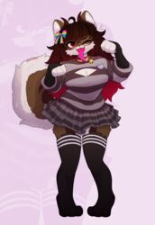  absurd_res aelith_(a_british_lass) anthro big_breasts black_clothing black_legwear black_thigh_highs bottomwear breasts brown_body brown_fur brown_hair cheek_tuft clothing collar eyelashes facial_tuft female fluffy fluffy_ears fluffy_hair fluffy_tail fluffy_thighs fur hair hi_res horn legwear lepertais lgbt_pride long_hair long_tongue looking_at_viewer multicolored_body multicolored_fur multicolored_hair one_eye_closed pansexual_pride_colors pink_hair pose pride_colors roweniee skirt solo sweater tail thick_eyelashes thick_thighs thigh_highs tongue topwear transgender_pride_colors tuft white_body white_fur wide_hips wink 