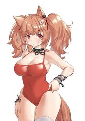  angelina_(arknights) angelina_(summer_flower)_(arknights) animal_ears arknights armpits bad_id bad_pixiv_id bare_shoulders blush bracelet breasts brown_hair casual_one-piece_swimsuit chains cleavage closed_mouth covered_navel cowboy_shot dishui_tangni female hair_ribbon hand_on_own_thigh infection_monitor_(arknights) jewelry large_breasts long_hair looking_at_viewer necklace official_alternate_costume one-piece_swimsuit red_eyes red_one-piece_swimsuit red_ribbon ribbon simple_background single_thighhigh solo swimsuit tail thighhighs twintails white_background white_thighhighs 