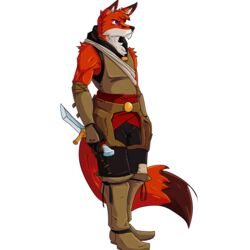  1:1 absurd_res acev anthro armor belt boots canid canine character_bio clothed clothing dagger fluffy footwear fox gauntlets gloves handwear hi_res hood leather leather_armor leather_boots leather_clothing leather_footwear male mammal melee_weapon neck_tuft purple_eyes red_fox rope solo true_fox tuft weapon 