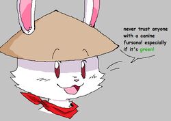  :3 anthro asian_mythology bandana clothing dialogue east_asian_mythology english_text eyebrows fur grey_background hare hat headgear headwear highlighted_text japanese_mythology kerchief lagomorph leporid looking_at_viewer male mammal mostly_nude mythology neckerchief open_:3 open_mouth open_smile pink_inner_ear rabbit red_eyes rhonbon simple_background smile solo speech_bubble straw_hat talking_to_viewer text whiskers white_body white_fur yokai 