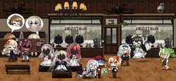  1boy 6+girls anger_vein angry apron bag beret black_hairband blonde_hair blood blush breasts bridal_veil brown_hair cabinet ceiling_fan ceiling_light chibi closed_eyes commander_(girls&#039;_frontline) commentary covering_breasts covering_privates crying crying_with_eyes_open dark_skin dollar_sign dress english_commentary fitting_room flower flying fnc_(girls&#039;_frontline) formal frying_pan gem gem_(symbol) girls&#039;_frontline gloom_(expression) green_hair griffin_&amp;_kryuger_military_uniform grizzly_mkv_(girls&#039;_frontline) gun hair_between_eyes hair_ribbon hairband hat indoors jacket kalina_(girls&#039;_frontline) kar98k_(girls&#039;_frontline) korean_commentary lamp large_breasts long_hair long_sleeves m950a_(girls&#039;_frontline) mannequin mask messy_hair multiple_girls necktie nosebleed o_o open_mouth pantyhose pointing ponytail purple_hair red_hair red_ribbon respirator ribbon s.a.t.8_(girls&#039;_frontline) saiga-12_(girls&#039;_frontline) sangvis_ferri saru_(style) scarecrow_(girls&#039;_frontline) scissors shaded_face shop shopping short_hair side_ponytail skirt smile speech_bubble suit tears the_mad_mimic thighhighs thunder_(girls&#039;_frontline) veil very_long_hair weapon wedding_dress white_hair window 