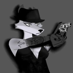  1:1 2021 absurd_res adlerokonma aiming animal_conquest anthro arm_tattoo black_and_grey black_and_white black_clothing black_dress breasts canid canine canis clothed clothing colored_nails digital_media_(artwork) dress english_text female fingers fox fur fur_tattoo grey_background greyscale gun half-length_portrait handgun hat headgear headwear hi_res mafia mammal marian_rousseau marian_rousseau_(animal_conquest) monochrome nails photo photo_shoot portrait ranged_weapon red_fox revolver serious_face shaded shadow simple_background solo tattoo text true_fox weapon 