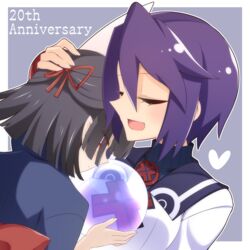  2girls animal_ears anniversary black_hair bow closed_eyes closed_mouth commentary_request crystal_ball english_text hair_between_eyes hairbow hand_on_another&#039;s_head hasaha heart highres holding muchin_jousha multiple_girls open_mouth purple_hair rabbit_ears red_bow red_eyes short_hair summon_night summon_night_2 toris upper_body 