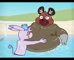  aggretsuko anthro asinus belly belly_overhang belly_rolls belly_rub big_belly black_bars blue_hair blush brown_body brown_fur bubbleburps_(artist) clothed clothing donkey duo equid equine fart fart_bubbles fart_fetish flustered_male fur haida_(aggretsuko) hair head_on_belly hi_res huge_belly hyena letterbox looking_at_belly looking_away male male/male mammal moob_grab moobs multicolored_body multicolored_fur navel nipples open_mouth overweight overweight_male partially_clothed pool raised_tail relaxing sanrio size_difference sound_effects spotted_hyena tadano_(aggretsuko) tail tail_tuft tuft two_tone_body two_tone_fur water wet wet_body wet_fur white_body 