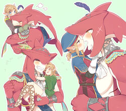  1boy archaic_set_(zelda) blonde_hair blush breasts colored_skin female fish_boy from_side genderswap_(mtf) grey_background grin hair_ribbon happy highres hug large_breasts link looking_at_another multiple_views open_mouth ponytail red_skin ribbon royal_guard_set_(zelda) rule_63 sidon simple_background smile snowquill_set_(zelda) straight teeth the_legend_of_zelda the_legend_of_zelda:_breath_of_the_wild the_legend_of_zelda:_tears_of_the_kingdom tress_ribbon ttanuu. wide_sleeves zora 