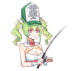  baseball_cap breasts cleavage english_text female fingerless_gloves fishing_rod frilled_gloves frills gloves green_hair hat highres holding holding_fishing_rod ichika_maia indie_virtual_youtuber long_hair maplesights meme pink_eyes smile solo twintails virtual_youtuber white_gloves women_want_me_fish_fear_me_(meme) 