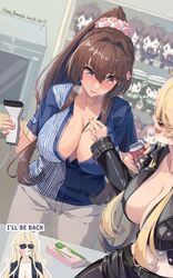  2girls absurdres barcode_scanner belt between_breasts black_belt black_skirt blonde_hair blush breasts brown_eyes brown_hair can cashier center_opening character_doll cleavage convenience_store counter cropped_jacket employee_uniform flower food grey_pants hair_flower hair_ornament high_ponytail highres himeyamato holding holding_can iowa_(kancolle) jacket kantai_collection kongou_(kancolle) large_breasts lawson leather leather_jacket long_hair long_sleeves microwave midriff miniskirt multiple_girls no_bra open_mouth pants pantyhose partially_unbuttoned partially_unzipped pocky scrunchie sexual_harassment shelf shigure_(kancolle) shigure_kai_san_(kancolle) shirt shop short_sleeves sidelocks skirt slap_mark slap_mark_on_face sleeves_past_wrists source_quote store_clerk striped_clothes striped_shirt sunglasses terminator_(series) the_terminator uniform vertical-striped_clothes vertical-striped_shirt white_scrunchie yamato_(kancolle) yukikaze_(kancolle) yukikaze_kai_ni_(kancolle) yuri 