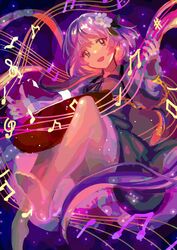  barefoot biwa_lute dress female flower hair_flower hair_ornament hairband highres instrument kotonoman long_hair long_sleeves looking_at_viewer lute_(instrument) musical_note open_mouth purple_eyes purple_hair shirt skirt smile solo touhou tsukumo_benben twintails 