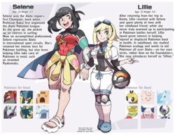  2girls abs aged_up alolan_ninetales alternate_muscle_size black_hair blonde_hair bodysuit braid clefable comfey dhelmise diving_suit english_text full_body goggles goggles_on_head golisopod green_eyes highres incineroar juno_son lillie_(pokemon) lunala mr._mime multiple_girls muscular muscular_female nihilego palossand pokemon pokemon_sm reference_sheet selene_(pokemon) single_braid surfboard vikavolt wetsuit yuri z-ring 