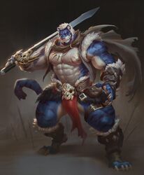  2022 6suan abs ankle_wraps anthro armor beard biceps blue_body blue_eyes blue_fur blue_hair bone breechcloth cape chest_scar claws clothing deltoids facial_hair felid finger_claws fur fur_lined_clothing greaves grey_background hair hi_res holding_melee_weapon holding_object holding_sword holding_weapon jewelry legband male mammal melee_weapon multicolored_body multicolored_fur muscular muscular_anthro muscular_male muscular_thighs necklace nipple_piercing nipples obliques pantherine pawpads piercing rigel_(skydtiger) satchel scar simple_background skull skull_belt solo sword tattered_cape thick_thighs tiger topwear torn_clothing two_tone_body two_tone_fur vambrace vest warrior weapon white_body white_fur white_hair 