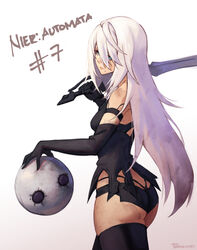  a2_(nier:automata) android armlet ass bare_shoulders black_shorts blue_eyes elbow_gloves female gloves highres joints long_hair mole mole_under_mouth nier:automata nier_(series) over_shoulder phrecklesart robot_joints short_shorts shorts solo sword sword_over_shoulder tank_top type-4o_sword weapon weapon_over_shoulder white_background white_hair 