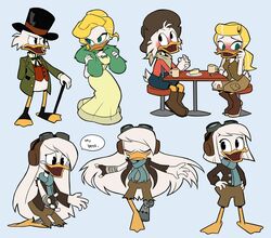  2019 absurd_res anatid anseriform anthro avian bird blush cane clothing della_duck disney dress duck ducktales ducktales_(2017) eyewear eyewear_on_head female flowerpigeon73 goggles goggles_on_head goldie_o&#039;gilt hat headgear headwear hi_res male scrooge_mcduck shawl top_hat 