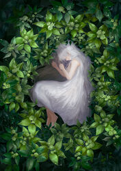  absurdres barefoot bud dew_drop dress female fetal_position highres isa_yuuri long_hair lying on_side original plant sleeping solo water_drop white_dress white_hair 