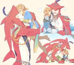  1boy bare_shoulders blonde_hair blue_shirt blush brown_footwear brown_pants champion&#039;s_tunic_(zelda) colored_skin feather_hair_ornament feathers female fins from_side full_body genderswap_(mtf) hair_ornament hand_on_another&#039;s_mouth highres link long_hair looking_at_another multiple_views pants red_skin rule_63 sharp_teeth shirt sidon smile straight teeth the_legend_of_zelda the_legend_of_zelda:_breath_of_the_wild ttanuu. zora 