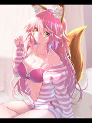  :3 absurdres animal_ear_fluff animal_ears backlighting bare_shoulders bikini breasts cleavage closed_mouth collarbone commentary_request fate/extra fate/extra_ccc fate_(series) female fingernails fox_ears fox_girl fox_tail hair_between_eyes highres indoors jacket jewelry kamehito large_breasts long_fingernails long_hair long_sleeves looking_at_viewer nail_polish navel necklace no_pants open_clothes open_jacket paid_reward_available pink_bikini pink_hair pink_nails sidelocks sitting sleeves_past_wrists smile solo strapless strapless_bikini striped_clothes striped_jacket sunlight swimsuit tail tamamo_(fate) tamamo_no_mae_(fate/extra) tamamo_no_mae_(spring_casual)_(fate) very_long_hair yellow_eyes 