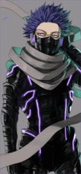  1boy armor black_armor boku_no_hero_academia glowing_armor grey_background hand_on_headwear highres male_focus mask masked mkm_(mkm_storage) purple_eyes purple_hair shinsou_hitoshi signature simple_background solo 