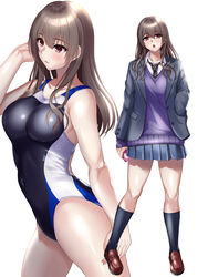  black_legwear black_necktie black_one-piece_swimsuit blazer breasts brown_eyes brown_hair commentary_request competition_swimsuit cowboy_shot female full_body grey_jacket grey_skirt hand_in_pocket highres jacket kneehighs kozu_rokuta loafers long_hair looking_at_viewer medium_breasts multicolored_clothes multicolored_swimsuit multiple_views necktie one-piece_swimsuit original pleated_skirt purple_vest school_uniform shoes simple_background skirt socks standing striped_necktie sweater_vest swimsuit vest white_background 