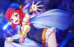  :d aries_(symbol) arm_warmers armpits blue_cape blue_footwear blue_headwear blush boots breasts cape cassiopeia_(constellation) cleavage commentary constellation constellation_costume female frills gemini_(symbol) hachinatsu highres jewelry knee_boots leo_(symbol) looking_at_viewer love_live! love_live!_school_idol_festival love_live!_school_idol_project medium_breasts miniskirt night night_sky nishikino_maki open_mouth outstretched_hand pisces_(symbol) purple_eyes red_hair shirt short_hair skirt sky smile solo star_(sky) starry_sky striped underbust vertical_stripes virgo_(symbol) white_shirt 