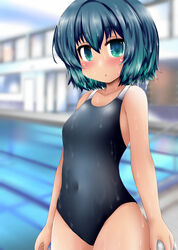  black_one-piece_swimsuit blue_hair blurry blurry_background breasts commentary_request competition_swimsuit covered_navel cowboy_shot female green_eyes grey_hair highres indoors looking_at_viewer one-piece_swimsuit original ouno_(nounai_disintegration) pool small_breasts solo swimsuit two-tone_one-piece_swimsuit wet wet_clothes wet_swimsuit 