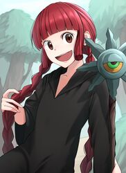  :d absurdres bad_id bad_pixiv_id black_robe blunt_bangs braid brown_eyes brown_hair commentary day debi female highres kukuri_(mahoujin_guruguru) long_hair mahoujin_guruguru open_mouth outdoors photoshop_(medium) robe smile solo staff tree twin_braids 