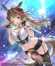  :d animal_ears black_shorts blue_nails bow breasts brown_hair cleavage concert copyright_name crop_top cropped_shirt crowd double_v evertale female fingernails garter_straps green_eyes hairbow hands_up highres holding holding_microphone horse_ears horse_tail idol large_breasts logo looking_at_viewer microphone midriff multicolored_hair nail_polish navel official_art one_eye_closed sage_joh sakura_(evertale) shirt short_shorts shorts smile solo standing streaked_hair tail thighhighs truss v white_shirt 