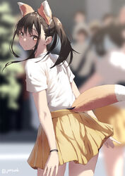  animal_ears aya_(jonsun) blurry blurry_background brown_hair commentary_request fake_animal_ears fake_tail female fox_ears fox_tail jonsun looking_at_viewer original ponytail shirt short_hair short_sleeves skirt solo_focus t-shirt tail thighs twitter_username white_shirt yellow_eyes yellow_skirt 