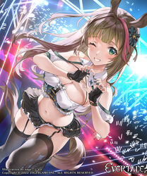  :d animal_ears black_skirt blue_bow blush bow breasts brown_hair cleavage concert copyright_name crop_top crowd evertale female garter_straps green_eyes grey_thighhighs grin hairbow heart heart_hands highres horse_ears horse_tail idol large_breasts logo looking_at_viewer midriff miniskirt multicolored_hair navel official_art one_eye_closed sage_joh sakura_(evertale) skirt smile solo stage standing standing_on_one_leg streaked_hair tail thighhighs 