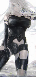  a2_(nier:automata) android bare_shoulders black_gloves blue_eyes breasts cropped elbow_gloves female gloves highres impossible_clothes impossible_shirt joints large_breasts long_hair maeshima_shigeki nier:automata nier_(series) partially_submerged robot_joints shirt short_shorts shorts solo standing thighhighs torn_clothes torn_thighhighs wet 