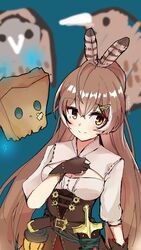  :&gt; ahoge artist_name barn_owl belt bird blue_background blurry blurry_background breasts brown_belt brown_eyes brown_gloves brown_hair dagger english_commentary feather_hair_ornament feathers female friend_(nanashi_mumei) gloves hair_ornament hairclip hand_on_own_chest highres hololive hololive_english kiwi_(bird) knife lantern medium_breasts multicolored_hair nanashi_mumei nanashi_mumei_(1st_costume) owl partially_fingerless_gloves pavolia_reine_(artist) runes sheath sheathed shirt smile streaked_hair virtual_youtuber weapon white_shirt 