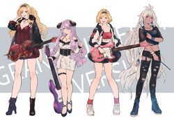  4girls bass_guitar belt black_footwear black_jacket blonde_hair blue_eyes blue_footwear bracelet braid breasts choker cleavage commentary_request crop_top djeeta_(granblue_fantasy) draph drumsticks earrings electric_guitar fender_precision_bass fender_telecaster granblue_fantasy granblue_fantasy_versus guitar hair_ornament hair_over_one_eye headband high_heels holding holding_instrument horns instrument jacket jewelry light_purple_hair long_hair midriff multiple_girls narmaya_(granblue_fantasy) necklace open_mouth pointy_ears red_eyes shimatani_azu shoes short_hair skirt smile sneakers tan torn_clothes very_long_hair white_footwear white_hair yellow_eyes zeta_(granblue_fantasy) zooey_(granblue_fantasy) 