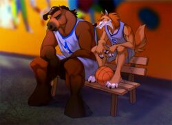  4_toes 5_fingers anthro ball basketball_(ball) biped black_body black_claws black_fur black_nose blue_bottomwear blue_clothing blue_shorts blue_topwear bottomwear brown_body brown_ears brown_fur brown_hair canid canine claws clothing digital_media_(artwork) duo equid equine feet fingers fox fur grin hair horse interspecies male mammal ninetht orange_body orange_fur orange_tail shaded shorts sitting smile soft_shading tail toes topwear white_body white_fingers white_fur white_toes 