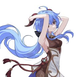  :3 ahoge armpits arms_up bad_id bad_pixiv_id bare_arms bell blue_hair bodystocking closed_mouth commentary_request cowbell cowboy_shot female flower_knot ganyu_(genshin_impact) genshin_impact goat_horns gold_trim hair_between_eyes hands_on_own_horns highres horns long_hair looking_at_viewer low_ponytail no_gloves red_eyes simple_background sleeveless smile solo syami_(choiimi) very_long_hair vision_(genshin_impact) white_background 