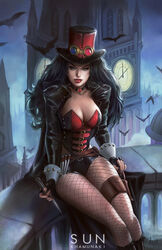  1girls bat bats belt big_ben big_breasts black_hair black_jacket black_shorts blue_eyes breasts busty clock_tower corset eyeshadow fairy_tales female female_only fishnet fishnet_stockings fishnet_thighhighs fishnets goggles grimm_fairy_tales_zenescope grimms&#039;_fairy_tales hat human jacket large_breasts liesel_van_helsing lipstick london long_hair makeup mascara night pinup pouch red_lips red_lipstick short_shorts shorts solo stake steampunk sun_khamunaki thighs top_hat zenescope 