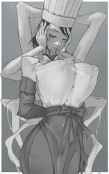  apron arms_behind_back arthropod_limbs blood blood_drip blood_from_eyes blood_from_mouth breasts chainsaw_man chef_hat closed_eyes covered_nipples disembodied_head extra_arms falling_devil_(chainsaw_man) female flat_top_chef_hat greyscale hat highres holding_head huge_breasts long_arms monochrome nosebleed puffy_nipples rustycork severed_head short_hair solo waist_apron 