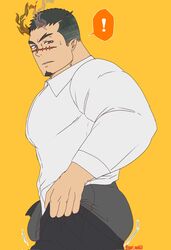  ! 1boy ass ass_lift asymmetrical_horns bara bouncing_ass bouncing_bulge boxers bulge bulge_lift clothes_pull dressing facial_hair flat_color forked_eyebrows from_side goatee grey_male_underwear highres horns i&#039;ve_never_seen_a_guy_recreate_this_successfully_tbh_(meme) inari_konko_(inari_sushi3) large_bulge large_pectorals male_focus male_underwear mature_male meme mismatched_horns motion_lines muscular muscular_male pants pants_lift pectorals purple_eyes salaryman scar scar_on_face scar_on_nose short_hair solo spoken_exclamation_mark sweatdrop tokyo_afterschool_summoners undersized_clothes underwear yoritomo_(housamo) 