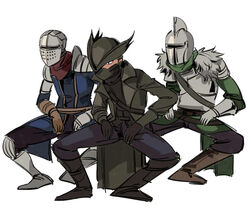  3boys armor bearer_of_the_curse bloodborne boots breastplate brown_footwear chinese_commentary chosen_undead coat commentary_request covered_mouth crossover dancing dark_souls_(series) dark_souls_i dark_souls_ii from_software fur_trim gauntlets hat helmet hunter_(bloodborne) jojo_no_kimyou_na_bouken male_focus mask mouth_mask multiple_boys open_clothes open_coat parody ruukii_drift simple_background standing torture_dance tricorne vento_aureo waist_cape white_background 